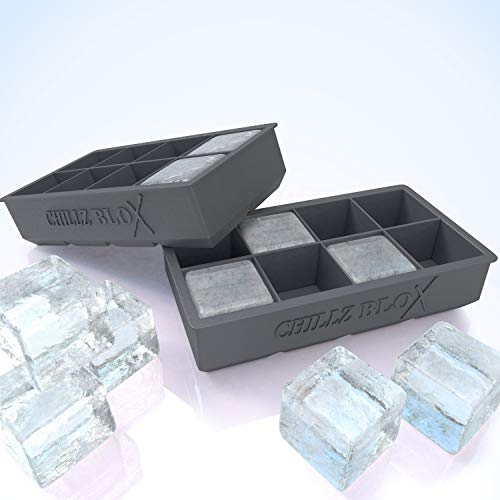 The Classic Kitchen Chillz Blox Large Ice Cube Tray Set for Whiskey - Silicone Ice Mold Maker - Each Tray Molds Eight 2 Inch Ice Cubes (2 Pack)