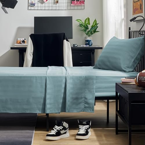 SLEEP ZONE Striped Cooling Twin Sheets Set for Kids - Fitted Flat Sheet & Pillowcase Sets 3 Piece - Super Soft Stripe Bed Sheet, Easy Care, Deep Pocket (Flint Blue, Twin)