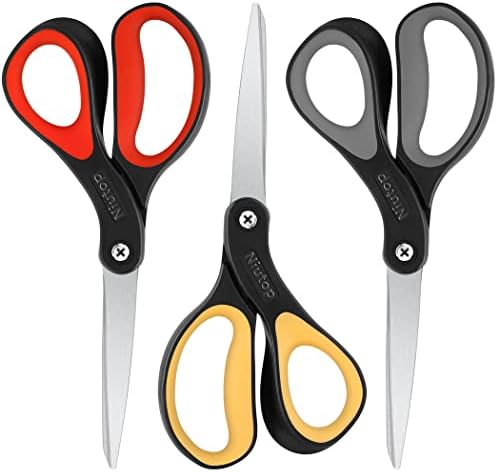 Scissors, Niutop 8″ All Purpose Scissors Ergonomic Comfort Grip Craft Shears Sharp Scissors for Office Household Sewing High/Middle School Students Supplies, Black-Gray/Black-Red/Black-Yellow, 3-Pack