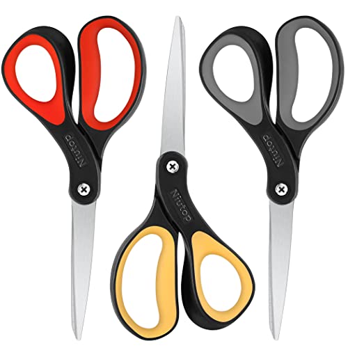Scissors, Niutop 8 All Purpose Scissors Ergonomic Comfort Grip Craft Shears Sharp Scissors for Office Household Sewing High/Middle School Students Supplies, Black-Gray/Black-Red/Black-Yellow, 3-Pack Scissors, Niutop 8" All Purpose Scissors Ergonomic Comfort Grip Craft Shears Sharp Scissors for Office Household Sewing High/Middle School Students Supplies, Black-Gray/Black-Red/Black-Yellow, 3-Pack
