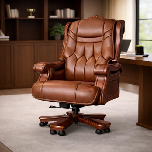 Image of Lakdi The Furniture High-Back Pure Leather Office Chair with Handcrafted Royal Look and Teak Wood Structure & Height Adjustable and Wooden Base Revolving Chair Office Work - 111011351 PL