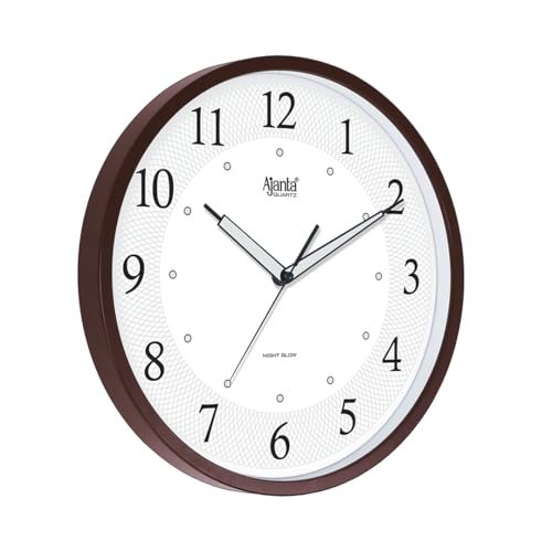 Image of Ajanta 12 Inches Silent Sweep Radium Analog Wall Clock - Night Glow, White Dial - 30x30 cm, Brown W, Plastic