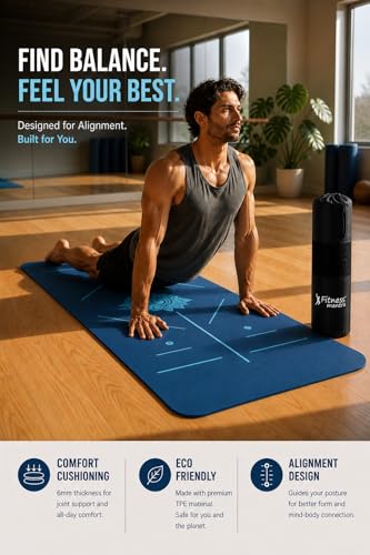 Image of Fitness Mantra TPE Yoga Mat for Women & Men | Anti-Slip Alignment Design | Premium Cushioning Exercise Mat for Yoga, Gym & Workout | Lightweight & Durable | 6mm Thickness |AlignFlow| Ocean Blue|