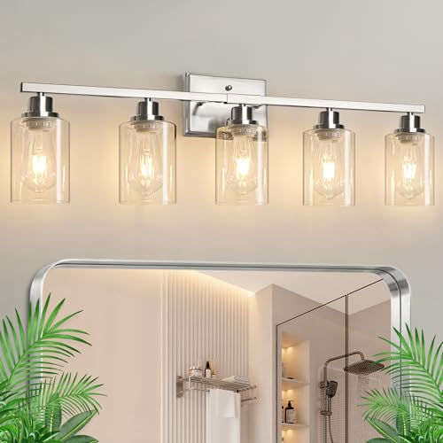 Image of Ascher 5-Light Bathroom Light Fixtures, Modern Brushed Nickel Vanity Lights Over Mirror, Wall Lights with Clear Glass Shades for Hallway, Cabinet, Porch, Bedroom
