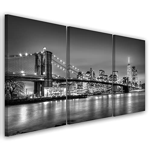 Feeby 3 pièces Impression sur Toile Intissé 120x60 cm Manhattan New York Le pont de Brooklyn Image décoration Murale Design Chambre d'enfant Fleuve...