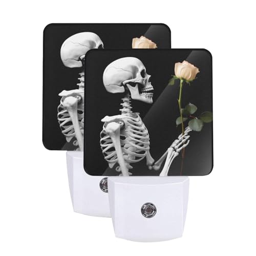Image of Hippie Skull Skeleton Night Light Set of 2, Pink Rose Auto Sensor LED Dusk-to-Dawn Nightlights, Plug-in Sensor Lamp for Bedroom Bathroom Kitchen Hallway Stairs Decorative