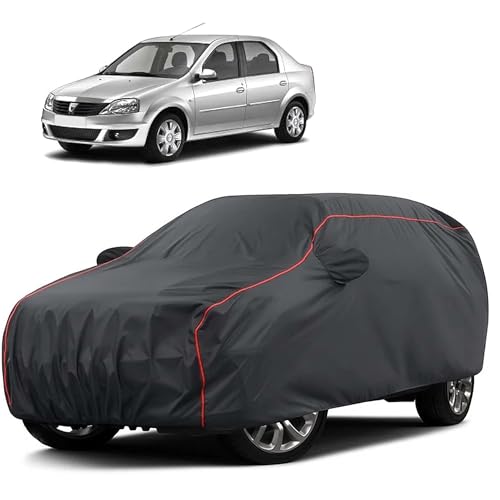 Image of Sulfar 100% Water Resistant Car Body Cover Compatible with Mirror for Renault Logan Edge (Triple Stitched, Full Bottom Elastic, Dark Grey Taffeta with Red Piping)