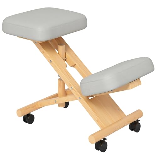 Ergonomic Kneeling Chair, Wood Adjustable Stool for Home and Office, Improve Your Posture with an Angled Seat and Casters, Cream White
