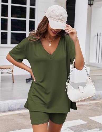 Image of Ekouaer Womens Pajamas 2 Piece Lounge Sets Oversized V Neck T-Shirts Tops Biker Shorts Set Workout Reversible Tracksuit S-XXL