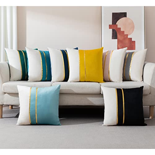 Zlina Set Of 2 Velvet Decorative Throw Pillow Covers Grey White Patchwork With Gold Leather Pillow Covers 18 × 18 Inch Cushion Covers Decor Living Room Sofa Bedroom Car #TOP4