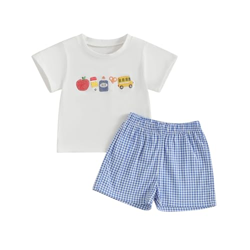 Pudcoco Toddler Boys Back to School Outfit Pre-k Kindergarten 1st Day of School Embroidery T-shirt and Plaid Shorts Set (Blue, 18-24 Months)