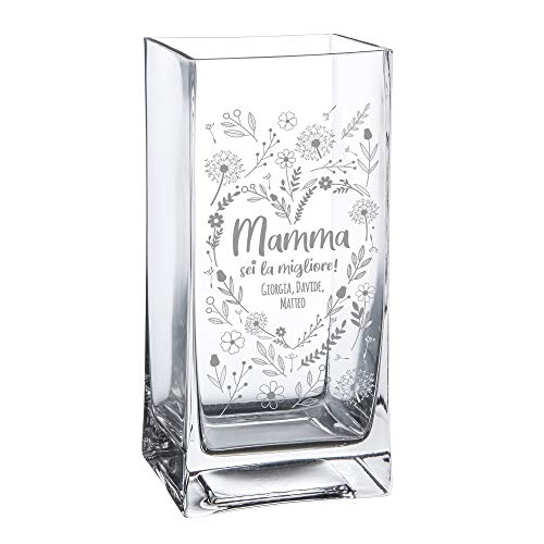 Casa Vivente Vaso in Vetro con Incisione per la Mamma, Sei la Migliore, Personalizzabile con Nomi, Motivo Cuore di Fiori, Accessori Decorativi Casa, Idea Regalo Festa della Mamma