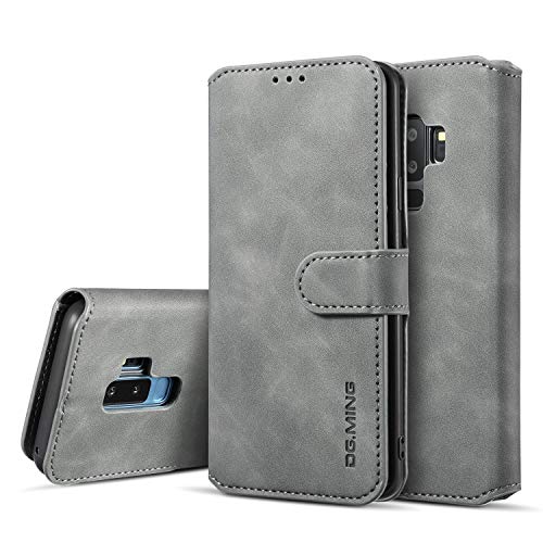 UEEBAI PU Leather Case for Samsung Galaxy S9 Plus, Vintage Retro Premium Wallet Flip Cover TPU Inner Shell [Card Slots] [Magnetic Closure] Stand Function Folio Shockproof Full Protection - Grey