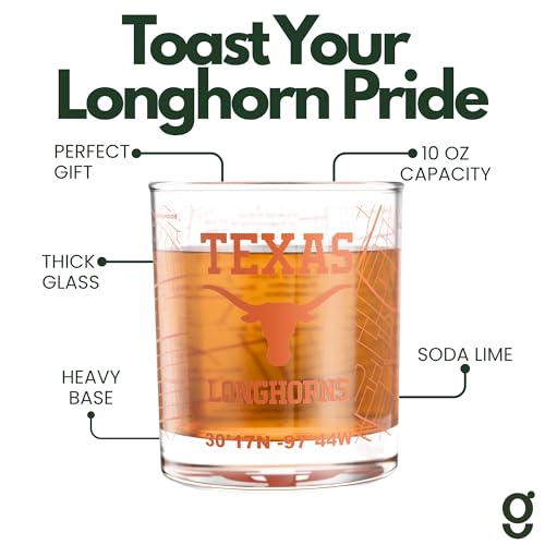 Image of Greenline Goods University of Texas Longhorns Whiskey Glasses Set of 2, 10 oz Rocks Glasses with Full-Color Logo & Campus Map - Officially Licensed Bourbon Glass Gift for Alumni & Fans