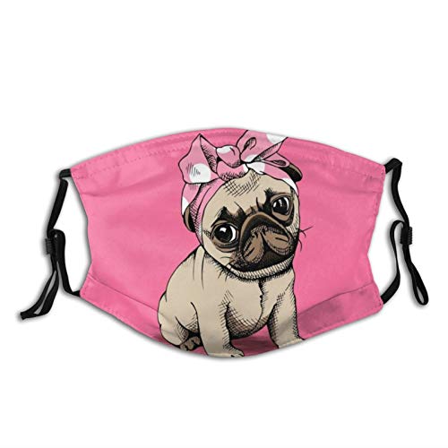 Cute Pug Dog Wearing A Bow Turban Face Mask With Filter Pocket Washable Face Bandanas Balaclava Reusable Fabric Mask For Men Women