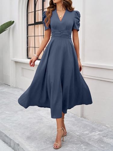 Image of Shasmi Girl's & Women's Solid Color V-Neck A-Line Maxi Dress for Women | New Year Party Outfit | Waist Cinched Puff Sleeve Western | Elegant Casual Wear (Dress 246)