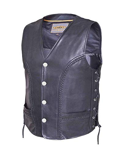 Ultra Men's Motorcycle Leather Vest with Buffalo Nickel Snaps,Black,Size - 3XL