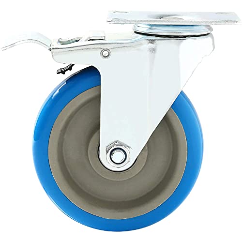 4 Pack Caster Wheels Swivel Plate W/Brake Casters On Blue Polyurethane Wheels (5 Inch With Brake) #TOP6