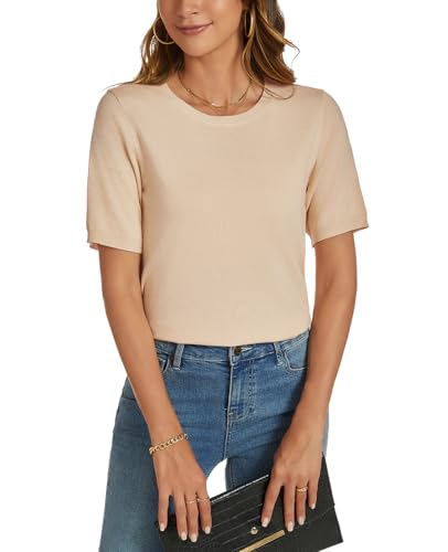 Image of Womens Short Sleeve Sweaters Tops Crew Neck Pullover Shirt Lightweight Knit Sweater Blouse