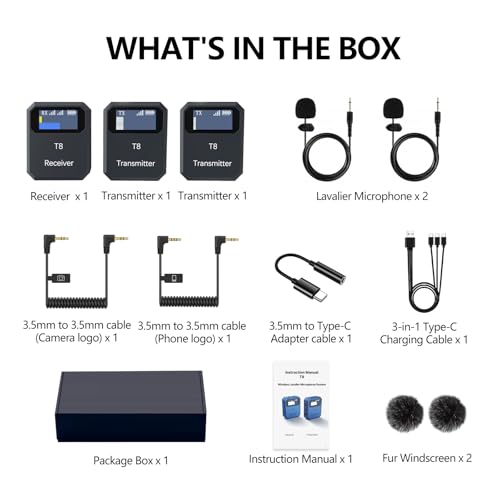 INGPARTNER T8-2 Kabelloses Lavaliermikrofon, kabelloses Mikrofonsystem mit integrierten Mikrofonen (schwarz)