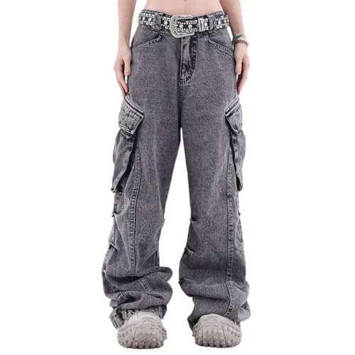 MLAFE Women's Baggy Cargo Pants Y2k Multi-Pocket Relaxed Fit Jeans Grunge Denim Washed Aged Hip Hop Jeans for men and women
