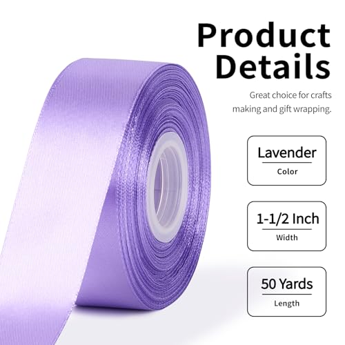 Image of Mauproy 1-1 /2 Inch Wide Lavender Purple Satin Ribbon, 50 Yards Solid Polyester Fabric Ribbon for Roses Making, Gift Wrapping, Wedding Decorations, Crafts, Bows