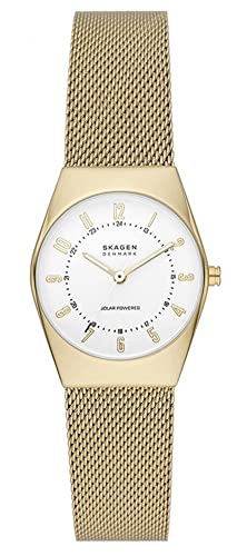 Skagen Damenuhr Grenen Lille Solar, Solarbetriebenes Dreizeiger Uhrwerk, 26MM Goldfarbenes Edelstahlgehäuse mit EdelstahlMeshArmband, SKW3077