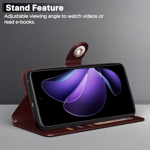 Image of Pikkme Flip Cover Leather Finish | Inside TPU with Card Pockets | Wallet Stand and Shock Proof | Complete Protection Button Flip Case for Oppo Reno 13F 5G(Brown)
