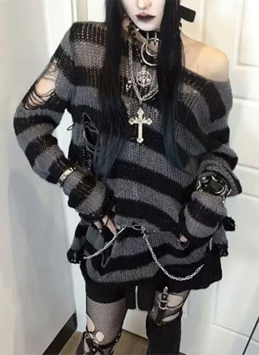 Goth Y2K Striped Sweater Grunge Ripped Punk Gothic Sweaters for Women Harajuku Aesthetic Halloween Pullover Tops3