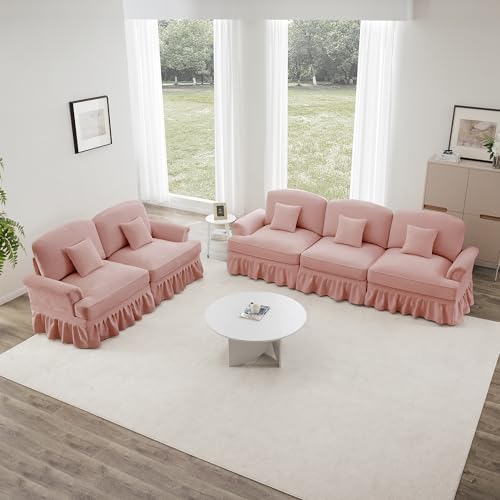 Zubaliya Juego de sofá modular de dos piezas, sofá de chenilla de cinco plazas con reposabrazos en forma de embudo, dobladillo con volantes extraíbles y patas en forma de husillo. Rosa