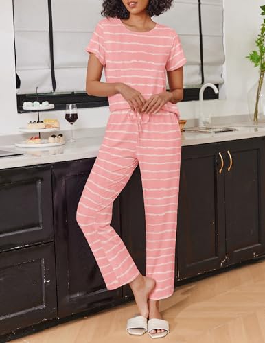 Image of Ekouaer 2 Pack Pajamas for Women Set Short Sleeve Sleepwear Top and Pants Pjs Soft Printed Lounge Sets with Pockets