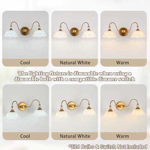 Image of Vintage Bathroom Vanity Light, 2-Light Matte Brass Finish Vanity Light with Floral White Glass Shades, Retro Wall Sconce for Bathroom, Dressing Table