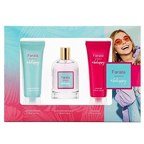 FARALA - BeHappy, Perfume 100 ml + Gel de Baño 75 ml + Loción Corporal 75 ml, Estuche de Regalo...