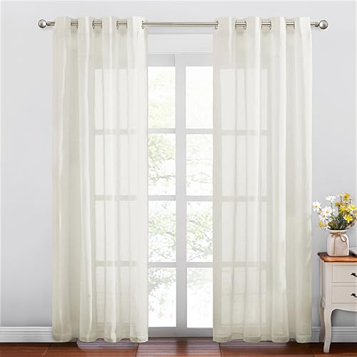 NICETOWN Semi Sheer Curtains 84 inch Length 2 Panels, Grommet Retro Window Treatment Natural Open Linen Curtains Vertical Drapes Privacy with Light Through for Living Room, Vanilla, W52 x L8
