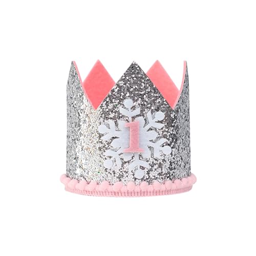 MUWEOL Snowflake 1st Birthday Crown - Winter Onederland 1st Birthday Party Decorations For Baby Girls，Silver And Pink Crown