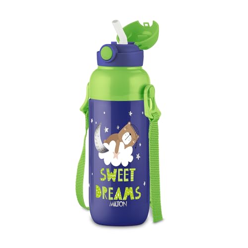 Image of Milton Steel Indus 400 Thermoware PU Insulated, 390 ml Water Bottle with Straw for Kids, Leak Proof Flip Top Sipper Lid Bottle, School, Picnic, Easy to Carry Belt, Dark Blue