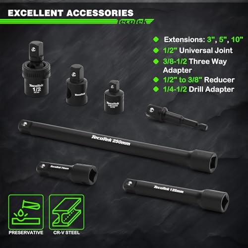 Image of TecoTek 1 /2 inch Drive Deep Impact Socket Set, 38-Piece Socket Set SAE 3 /8 to 1-1 /4 inch and Metric 10-32mm Size, Includes Extension Bars, Universal Joint, Adapter and Ratchet Handle, 6 Point, Cr-V Steel