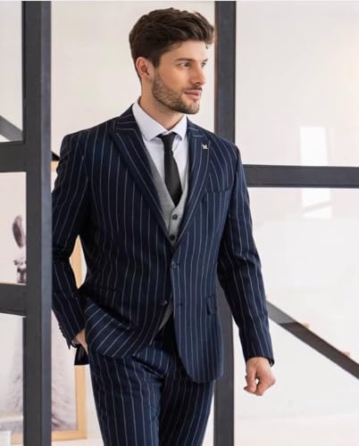 Mens Striped Suit 2 Piece Formal Slim Fit Blazer Sport Coat 2 Button Jacket Pinstripe Suit Blazer Pants Suits4