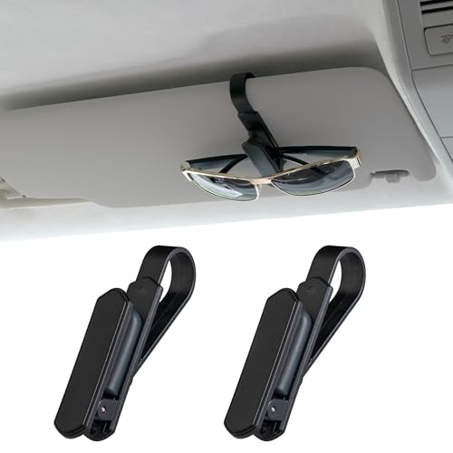 Yuoyar 2 Packs One Handed Operation Sunglass Holder - Sunglass Clip for Car Visor with Silicone Padded - Car Accessories for Holding Glasses (Black)