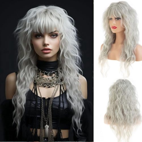 Wiwige Long Curly Wavy Women Wig with Bangs Synthetic Heat Resistant Halloween Cosplay Party Hair Wig,Grey