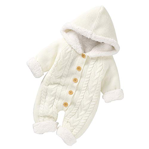 Newborn Baby Hooded Knitted Romper Fleece Sweater Warmer Snowsuit Jumpsuit Coveralls Onepiece Infant Winter Outerwear For Boys Girls White - 5