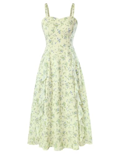 Image of Belle Poque Sun Dresses for Women Spring Summer Floral Midi Flowy Spaghetti Ruffle Wedding Guest Tea Party Dress