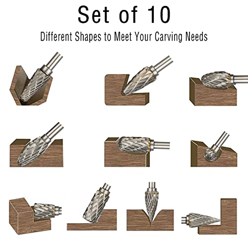Homeidol CJ01-WJ41-US Long Carbide Rotary Burr Set Compatible With Dremel, 10Pcs Double Cut 1/8 Inch Shank 1/4 Inch Head 100Mm Length Tungsten Steel Carving Burr Bits thumb #4
