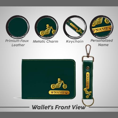 Image of Mens Leather Wallet and Keychain Combo Name Leather Wallet Keychain for Mens Personalized Wallet Keychain Set with Names Keychains for Men | Customised Gift Set for Men with Name & Charm, Green