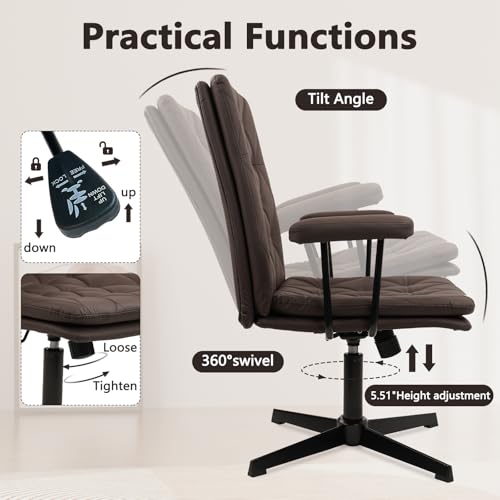 Image of CLATINA Office Chair No Wheels, Leather Criss Cross Desk Chairs with Arms, Modern Cross Legged Computer Chair, Mid Back Height Adjustable Swivel Task Vanity Chair for Home Office, Brown
