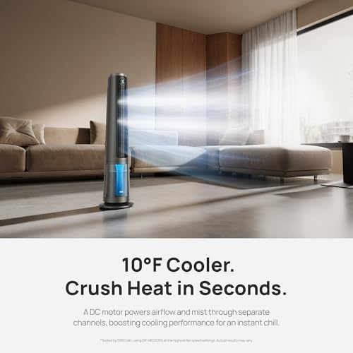 Image of DREO TurboCool Misting Fan 765S, Fans that Blow Cold Air, 10F Cooling, 34ft /s Fast Evaporative Air Cooler, 6L Tank, 20 dB Quiet DC Motor, 90 Tower Fan with 12 Speeds, 4 Modes for Home, Grey