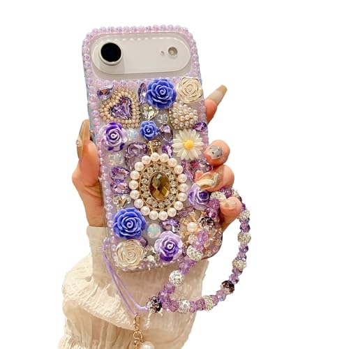 iFiLOVE for iPhone 17 Air Bling Diamond Case with Flower Strap (Purple)