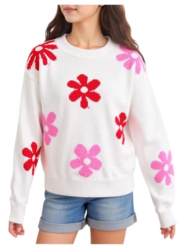 SweatyRocks Girl's Floral Print Sweaters Long Sleeve Crewneck Knitted Cute Flower Pullover Jumper