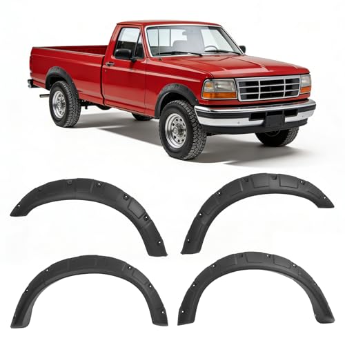 BALOCEO 4 Pcs Fender Flares Compatible with 1992-1997 Ford F-150 F-250 F-350 Bronco 81.0"/96.0" Styleside Bed Riveted Style Front & Rear Wheel Cover Protector Plastic(PP) Textured Black