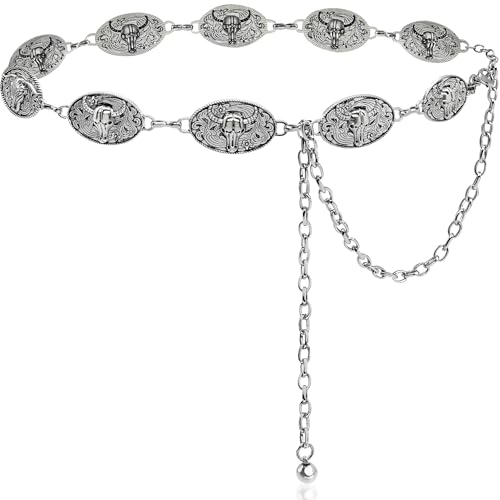 Women Chain Belt Western Belts for Woman Boho Country Concho Belt Oxen Horses Metal Belt for Dress